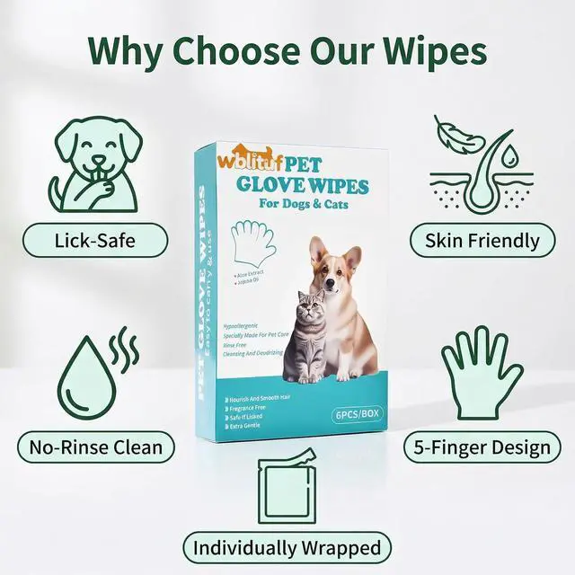 Alt view image 6 of 7 - Pet Cleaning Glove Wipes 6 Count | Individually Wrapped Disposable Grooming Glove Wipes with Aloe & Jojoba Oil, Waterless No-Rinse Odor Contro
