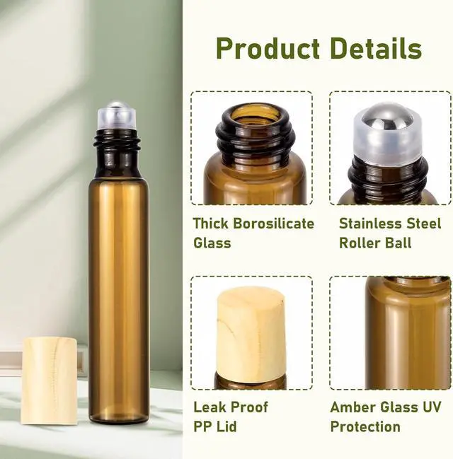 Alt view image 4 of 7 - 10mL Amber Glass Roll On Bottles, 8 Pack | 1/3 Oz Leak Proof Refillable Roller Bottles for Essential Oils, Perfume, DIY Craft, Samples, Eye Roller, Travel Portable