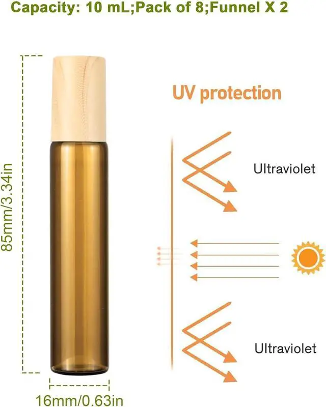 Alt view image 6 of 7 - 10mL Amber Glass Roll On Bottles, 8 Pack | 1/3 Oz Leak Proof Refillable Roller Bottles for Essential Oils, Perfume, DIY Craft, Samples, Eye Roller, Travel Portable