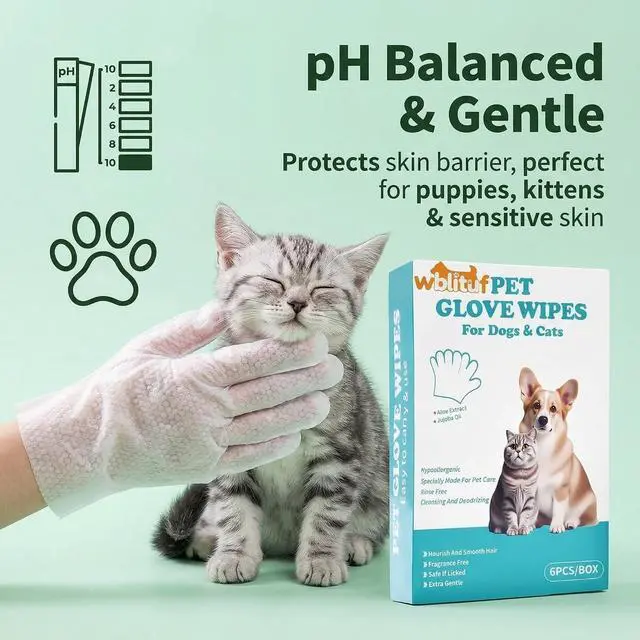 Alt view image 7 of 7 - Pet Cleaning Glove Wipes 6 Count | Individually Wrapped Disposable Grooming Glove Wipes with Aloe & Jojoba Oil, Waterless No-Rinse Odor Contro