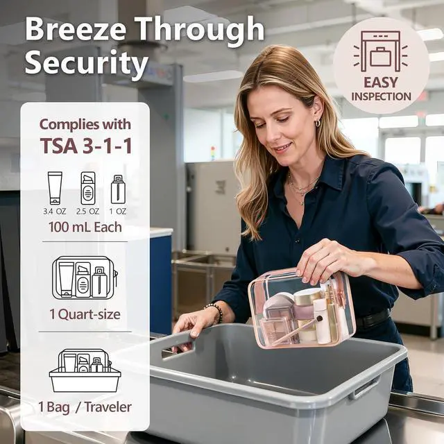 Alt view image 2 of 7 - PACKISM TSA Approved Toiletry Bag - Clear Makeup Bag for Travel, Rose Pink | 3 Pack Quart-Size, Metal Smooth Zipper, Clear Easy-Check, for 3-1-1 Liquids, Toiletry Bag for Airport Lines, Women, Men