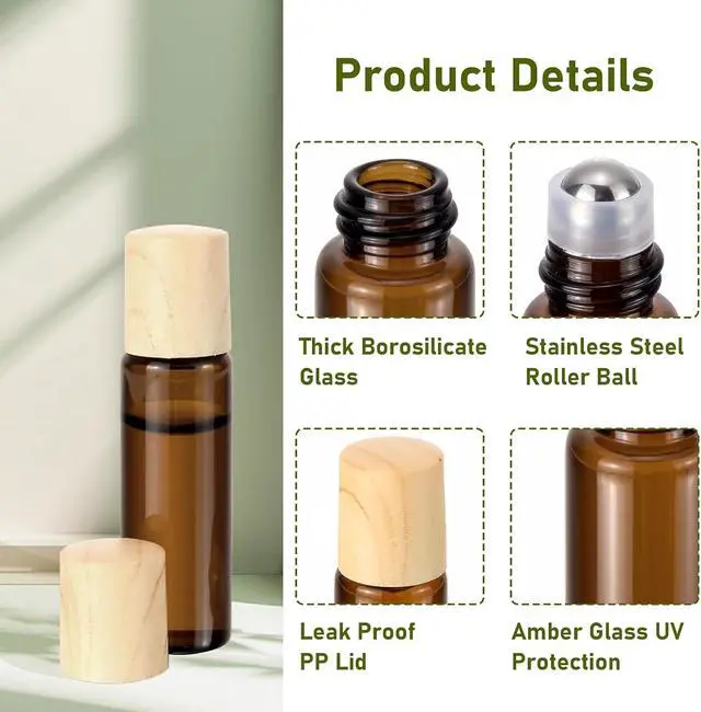 Alt view image 5 of 7 - 5mL(1/6 Oz) Amber Glass Roll On Bottles, 8 Pack | Leak Proof Refillable Roller Bottles for Essential Oils, Perfume, DIY Craft, Samples, Eye Roller, Travel Portable