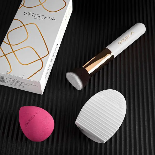 Alt view image 4 of 7 - Beauty Make Up Brush Set | 3 Piece Kit | Face Brushes Liquid Foundation Concealer Powder Blush Blending | Includes Flat Top Kabuki, Makeup Blender Sponge & Brush Silicone Cleaning Mat (White)