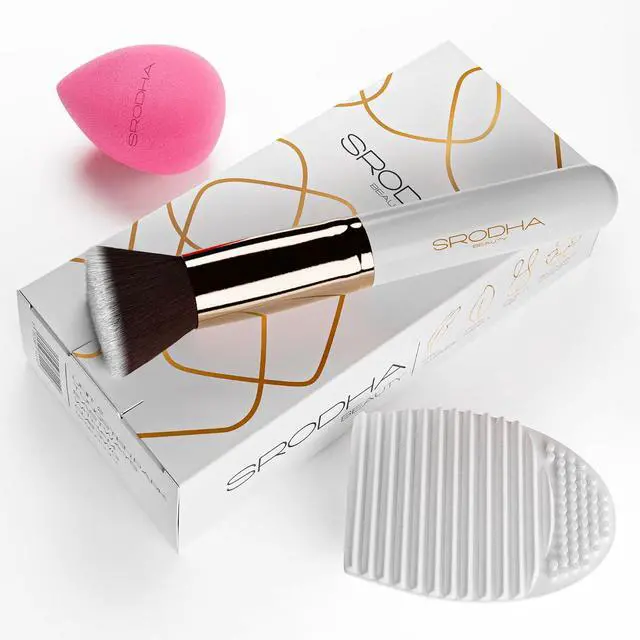 Alt view image 5 of 7 - Beauty Make Up Brush Set | 3 Piece Kit | Face Brushes Liquid Foundation Concealer Powder Blush Blending | Includes Flat Top Kabuki, Makeup Blender Sponge & Brush Silicone Cleaning Mat (White)