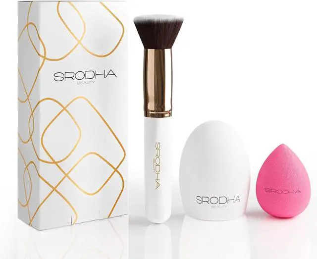 Alt view image 6 of 7 - Beauty Make Up Brush Set | 3 Piece Kit | Face Brushes Liquid Foundation Concealer Powder Blush Blending | Includes Flat Top Kabuki, Makeup Blender Sponge & Brush Silicone Cleaning Mat (White)