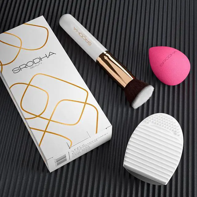 Alt view image 7 of 7 - Beauty Make Up Brush Set | 3 Piece Kit | Face Brushes Liquid Foundation Concealer Powder Blush Blending | Includes Flat Top Kabuki, Makeup Blender Sponge & Brush Silicone Cleaning Mat (White)