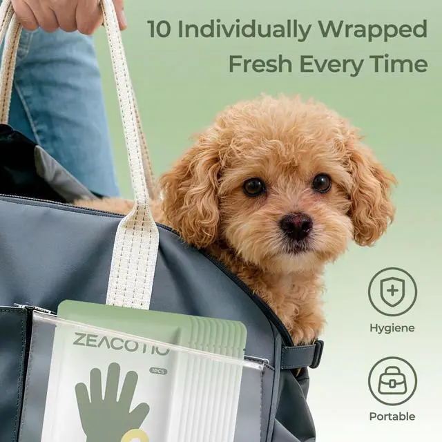 Alt view image 5 of 6 - ZeaCotio Pet Wipes for Dogs and Cats, Pet Glove Wipes for Paws, Coat, Face and Butt, Thick Soft Pet Cleaning Wipes for Daily Grooming, Dog Grooming Wipes for Travel and Outdoor Use, 10PCS