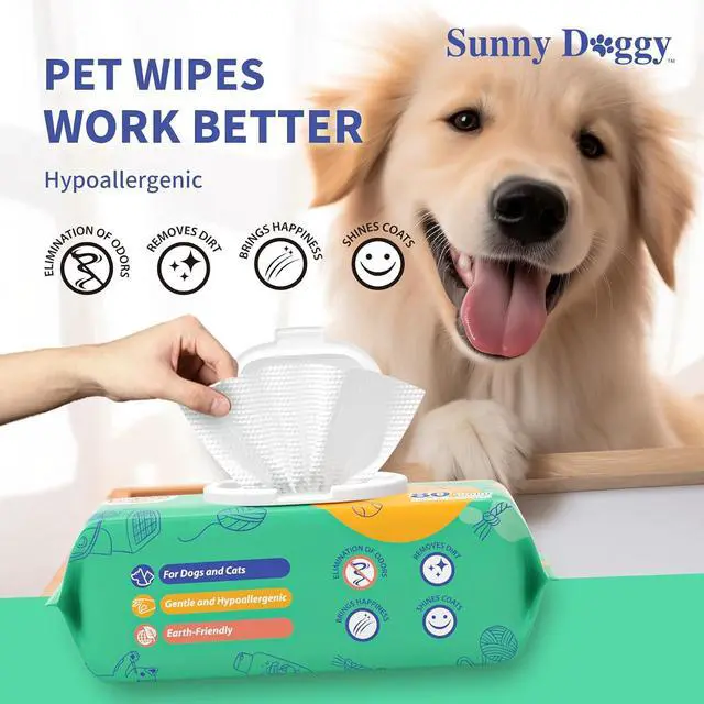 Alt view image 3 of 6 - Pet Wipes 80 Count, Dog Wipes Cleaning Deodorizing Cat Wipes, 8 x 8 Inch Dog Grooming Wipes for Butt Paws Ear Eyes and Body