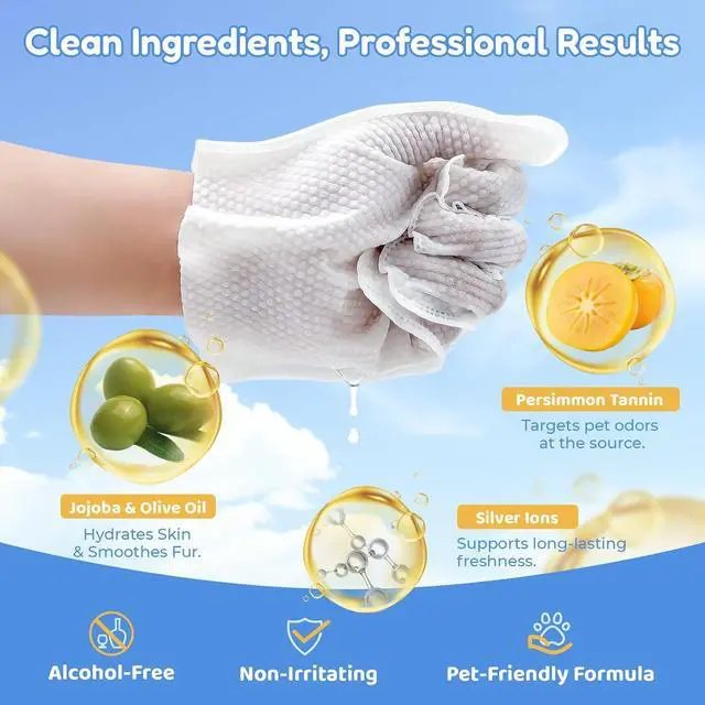 Alt view image 3 of 7 - Pet Glove Wipes for Dogs & Cats, Individually Wrapped, 10 Pack | No-rinse hydrosol care with persimmon tannin, jojoba and olive oils; deodorizes, lifts dirt and nourishes skin and coat.