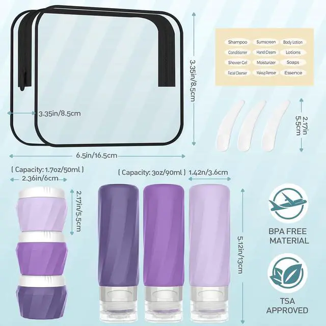 Alt view image 2 of 7 - 6Pcs Travel Bottles for Toiletries, Silicone Travel Size Containers Set | TSA Approved BPA-FREE Silicone Leak Proof Refillable Bottles and Jars, Women & Men Airplane Cruise Essentials Kit (PURPLE)