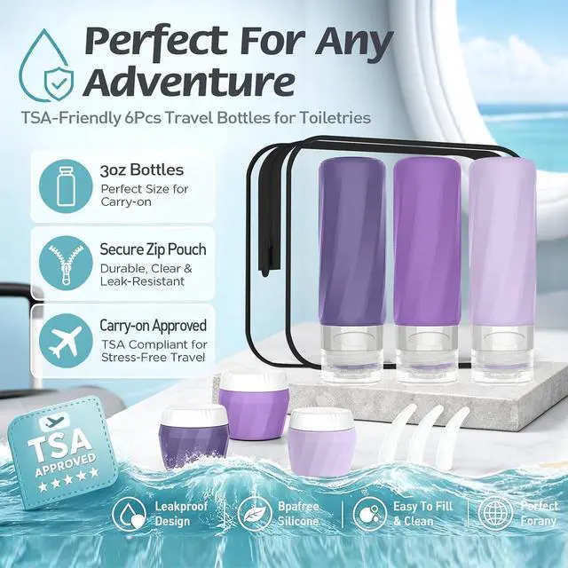 Alt view image 3 of 7 - 6Pcs Travel Bottles for Toiletries, Silicone Travel Size Containers Set | TSA Approved BPA-FREE Silicone Leak Proof Refillable Bottles and Jars, Women & Men Airplane Cruise Essentials Kit (PURPLE)