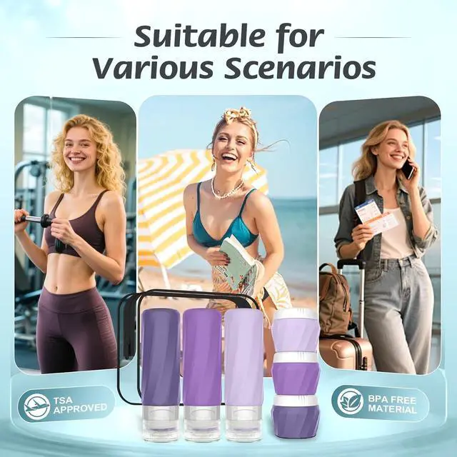 Alt view image 7 of 7 - 6Pcs Travel Bottles for Toiletries, Silicone Travel Size Containers Set | TSA Approved BPA-FREE Silicone Leak Proof Refillable Bottles and Jars, Women & Men Airplane Cruise Essentials Kit (PURPLE)
