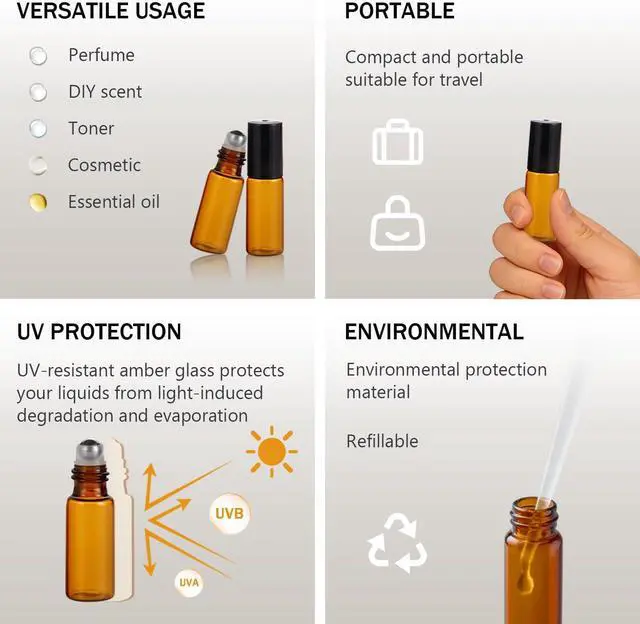 Alt view image 3 of 5 - ELFENSTALL- 20PCS 5ml Amber Glass Roller Bottles Roll On Bottle Container with Metal Ball for Essential Oil Aromatherapy Perfumes and Lip Balms - 3ML Dropper Included
