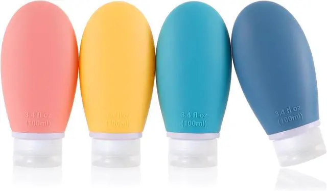 Main image of Silicone Travel Bottles, 4 Pack 3.4oz Leak Proof Liquid Squeezable Refillable Portable Accessories/Cosmetic Containers, BPA Free, Travel Size for Toiletries Shampoo Conditioner Lotion