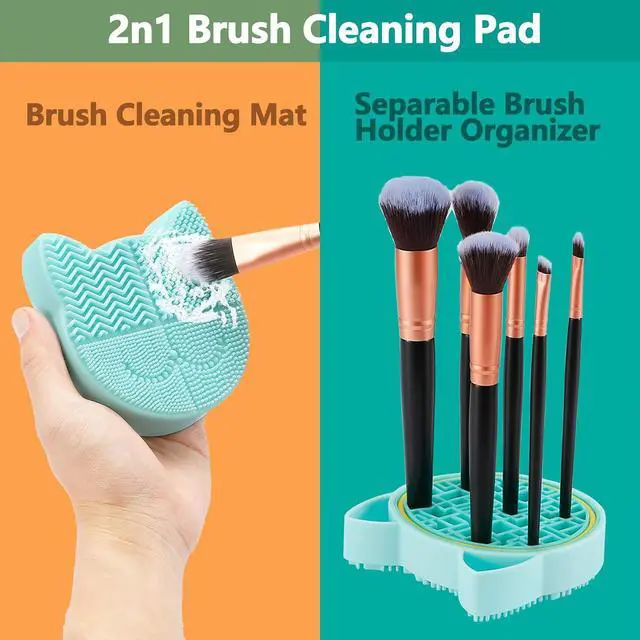 Alt view image 2 of 7 - TailaiMei 2 in 1 Makeup Brush Cleaning Mat With Drying Holder, Silicon Cat Shaped Cleaner Pad, Cosmetic Organizer Rack, Portable Washing Tool for Makeup (Green)