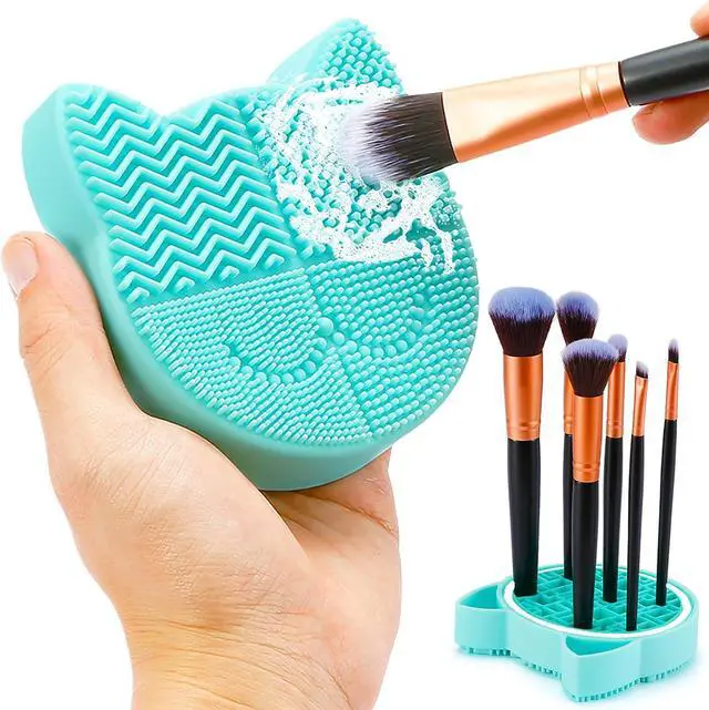 Main image of TailaiMei 2 in 1 Makeup Brush Cleaning Mat With Drying Holder, Silicon Cat Shaped Cleaner Pad, Cosmetic Organizer Rack, Portable Washing Tool for Makeup (Green)