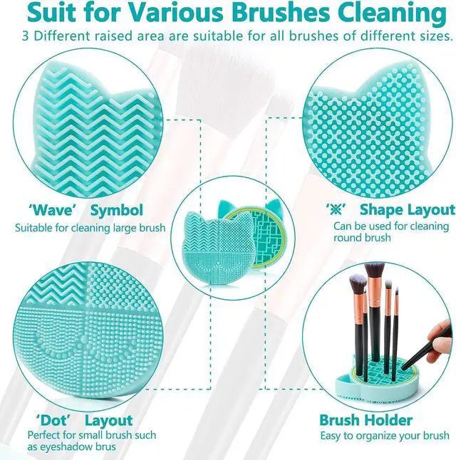 Alt view image 3 of 7 - TailaiMei 2 in 1 Makeup Brush Cleaning Mat With Drying Holder, Silicon Cat Shaped Cleaner Pad, Cosmetic Organizer Rack, Portable Washing Tool for Makeup (Green)