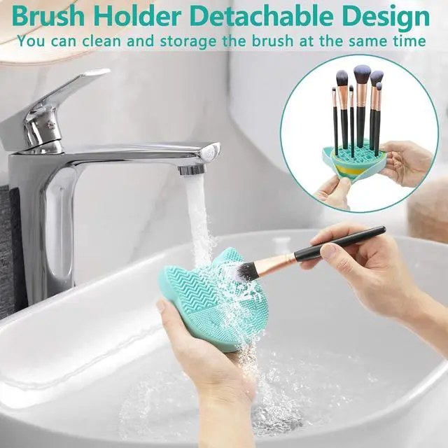 Alt view image 4 of 7 - TailaiMei 2 in 1 Makeup Brush Cleaning Mat With Drying Holder, Silicon Cat Shaped Cleaner Pad, Cosmetic Organizer Rack, Portable Washing Tool for Makeup (Green)