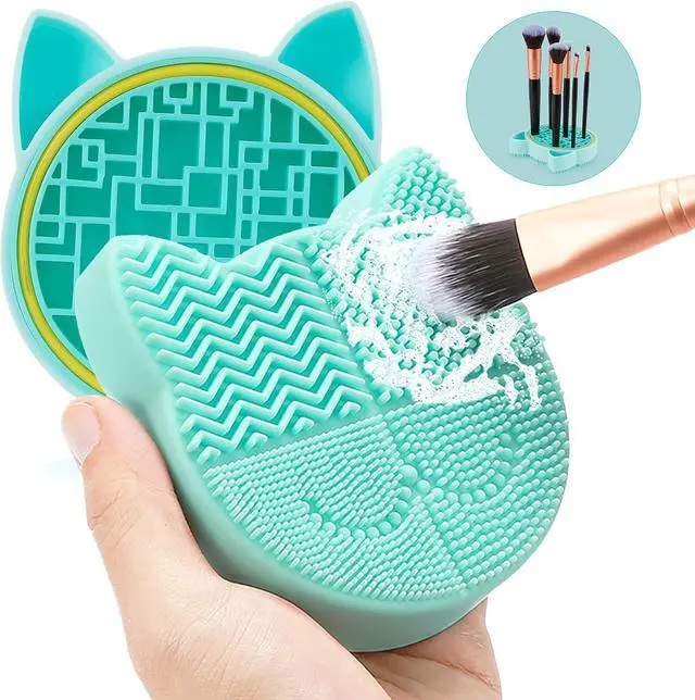 Alt view image 7 of 7 - TailaiMei 2 in 1 Makeup Brush Cleaning Mat With Drying Holder, Silicon Cat Shaped Cleaner Pad, Cosmetic Organizer Rack, Portable Washing Tool for Makeup (Green)