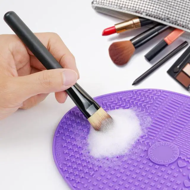 Alt view image 4 of 6 - Makeup Brush Cleaner Mat Silicone Brush Cleaning Mat Big Size Make Up Brush Clean Pad with Suction Cup for Makeup Brush Cleaning (Purple)