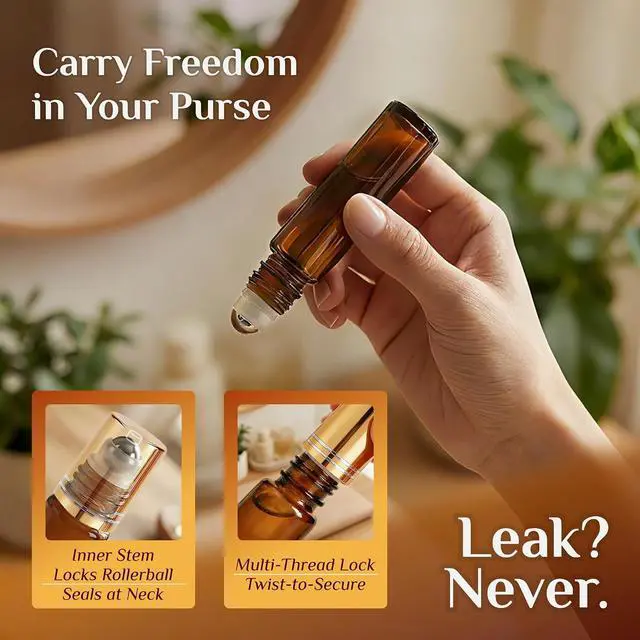 Alt view image 6 of 7 - PrettyCare 12 Pack, 10 ml Essential Oil Roller Bottles with Stainless Steel Roller Ball - Refillable Leak-proof Empty Thick Amber Glass Roll on Bottles with Metal Caps for Travel, Perfume