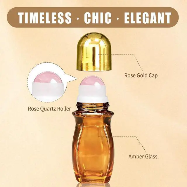 Alt view image 2 of 6 - 50ml Rose Quartz Roller Waist Amber Bottles for Castor Oil | Refillable Glass Roll-On Bottles with Natural Crystal Roller Balls,Leak-Proof Gold Caps for Essential Oils, Perfume