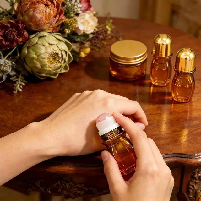 Alt view image 4 of 6 - 50ml Rose Quartz Roller Waist Amber Bottles for Castor Oil | Refillable Glass Roll-On Bottles with Natural Crystal Roller Balls,Leak-Proof Gold Caps for Essential Oils, Perfume