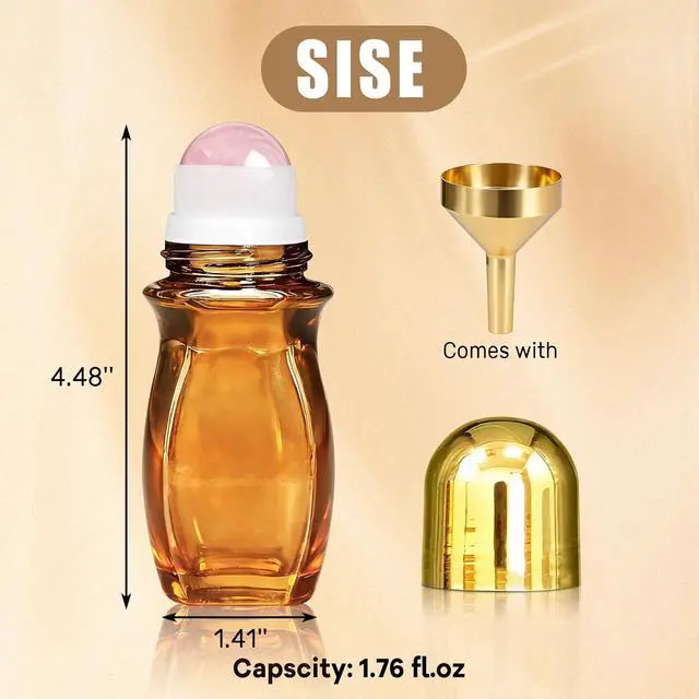 Alt view image 3 of 6 - 50ml Rose Quartz Roller Waist Amber Bottles for Castor Oil | Refillable Glass Roll-On Bottles with Natural Crystal Roller Balls,Leak-Proof Gold Caps for Essential Oils, Perfume