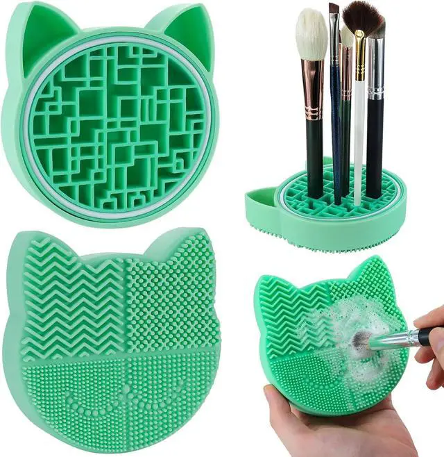 Main image of Mygeromon Makeup Brush Cleaner Mat Silicone with Dryer Holder (Green) | 2 in 1 Portable Cosmetic Tool
