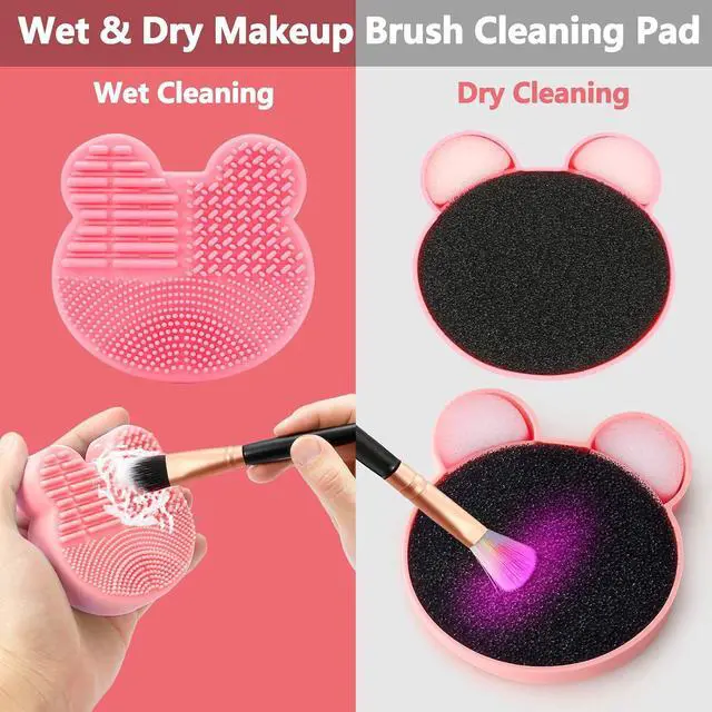 Alt view image 2 of 6 - TailaiMei 2 Pack Makeup Brush Cleaning Mat with Color Removal Sponge, 2 in 1 Design Silicone Cleaner Pad for Dry Brush Color Switch and Wet Cleaning (Pink&Purple)