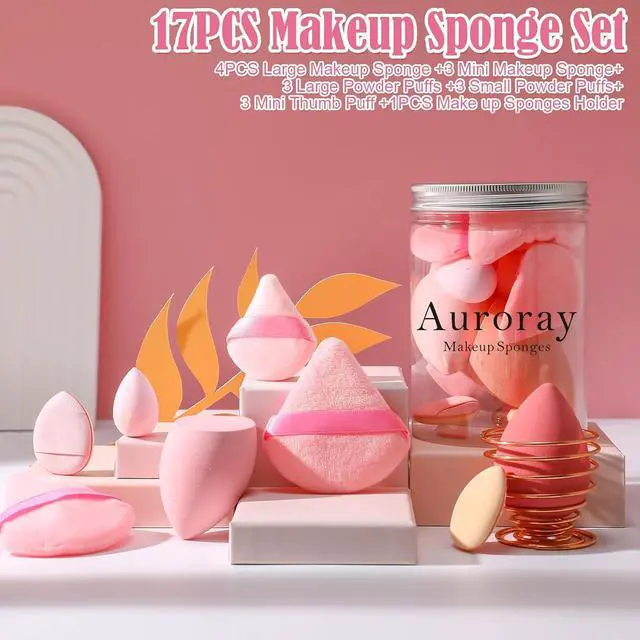 Alt view image 2 of 7 - 17PCS Makeup Sponge Set with 6PCS Powder Puff, 3PCS Mini Makeup Sponges, 3PCS Foundation Mini Make Up Sponge Puff and 1PCS Make Up Sponges Holder (Pink)