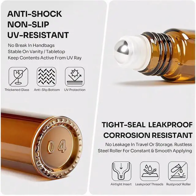 Alt view image 2 of 7 - Roller Bottles for Essential Oils Roll On Bottles 10ml Glass - 8 Pack | Roller Bottle Thick Empty Glass with Oil Perfume Lip Gloss DIY Kits Boho Stickers, Leak-Proof Refillablefor Travel Gift