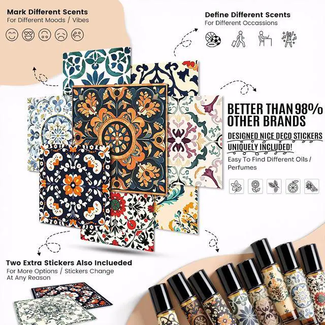 Alt view image 3 of 7 - Roller Bottles for Essential Oils Roll On Bottles 10ml Glass - 8 Pack | Roller Bottle Thick Empty Glass with Oil Perfume Lip Gloss DIY Kits Boho Stickers, Leak-Proof Refillablefor Travel Gift