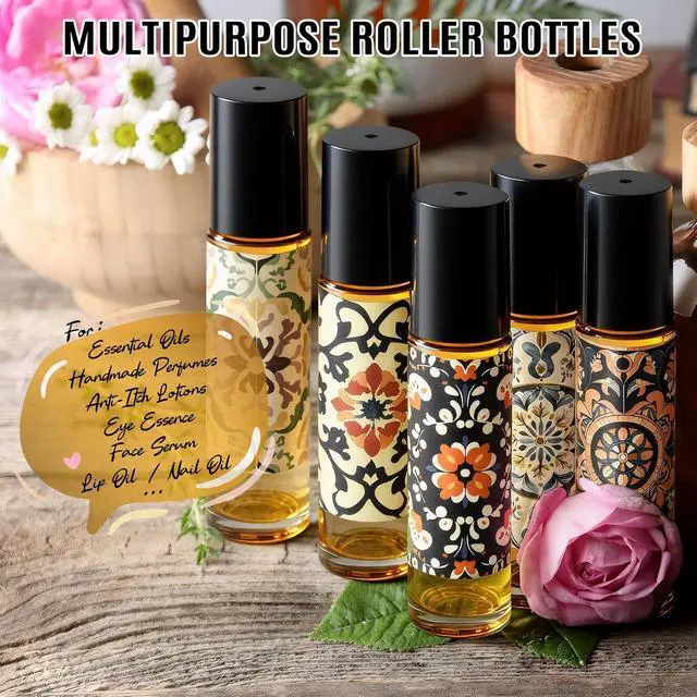 Alt view image 4 of 7 - Roller Bottles for Essential Oils Roll On Bottles 10ml Glass - 8 Pack | Roller Bottle Thick Empty Glass with Oil Perfume Lip Gloss DIY Kits Boho Stickers, Leak-Proof Refillablefor Travel Gift