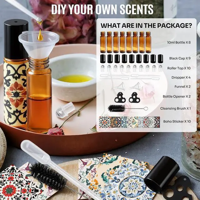Alt view image 6 of 7 - Roller Bottles for Essential Oils Roll On Bottles 10ml Glass - 8 Pack | Roller Bottle Thick Empty Glass with Oil Perfume Lip Gloss DIY Kits Boho Stickers, Leak-Proof Refillablefor Travel Gift