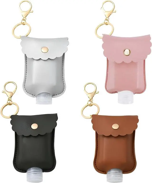 Main image of 4 Packs Small Hand Sanitizer Holder Mini Hand Sanitizer Holder for Car Keychain Portable Leather Empty Bottles (Black, Pink, Grey, Brown)