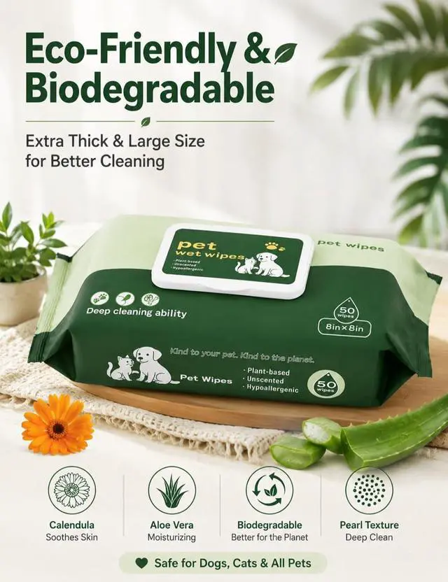 Alt view image 2 of 7 - Pet Wipes for Paws and Butt 50 PCS Unscented Hypoallergenic | Gentle Earth-Friendly Dog Wipes for Puppies Kittens & Senior Pets Deodorizing Waterless Bathing Wipes for Paws Butt and Ears