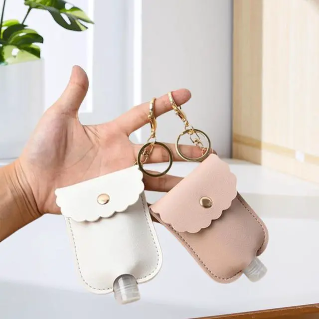 Alt view image 3 of 6 - 4 Packs Small Hand Sanitizer Holder Mini Hand Sanitizer Holder for Car Keychain Portable Leather Empty Bottles (Black, Pink, Grey, Brown)