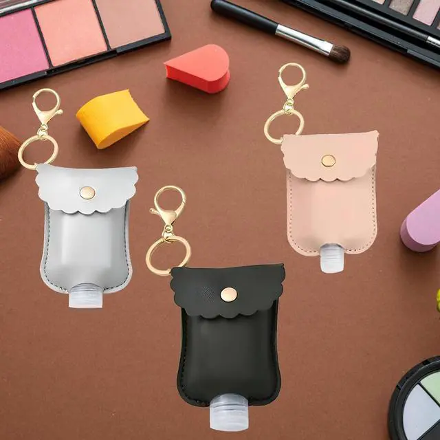 Alt view image 4 of 6 - 4 Packs Small Hand Sanitizer Holder Mini Hand Sanitizer Holder for Car Keychain Portable Leather Empty Bottles (Black, Pink, Grey, Brown)
