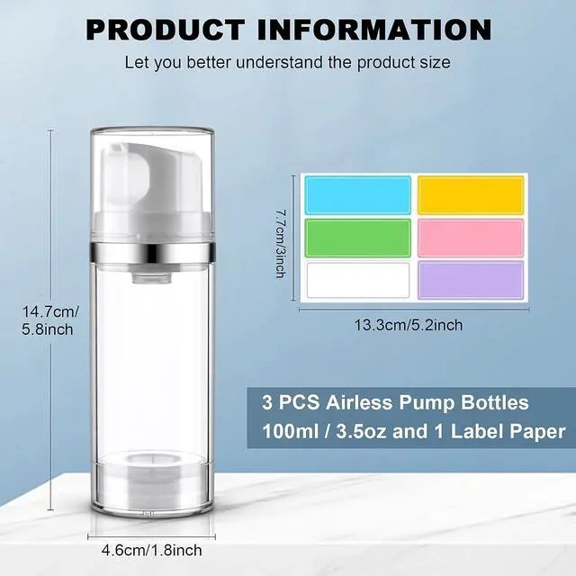 Alt view image 2 of 6 - Cosywell Airless Pump Dispenser Bottles 3.4oz/100ml 3 Pack | Empty Moisturizer Pump Dispenser, Airless Cosmetic Pump Container, Travel Pump Bottles, For Toiletries Shampoo Lotion