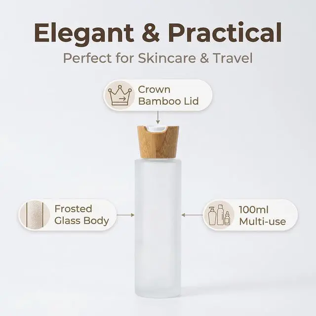 Alt view image 4 of 7 - 100ml/3.4oz Upscale Empty Refillable Frosted Glass Bottles Portable Cosmetic Jar Container Holder with Bamboo Plastic Press Disk Top Cap for Lotion Essential Oil Essence Toner