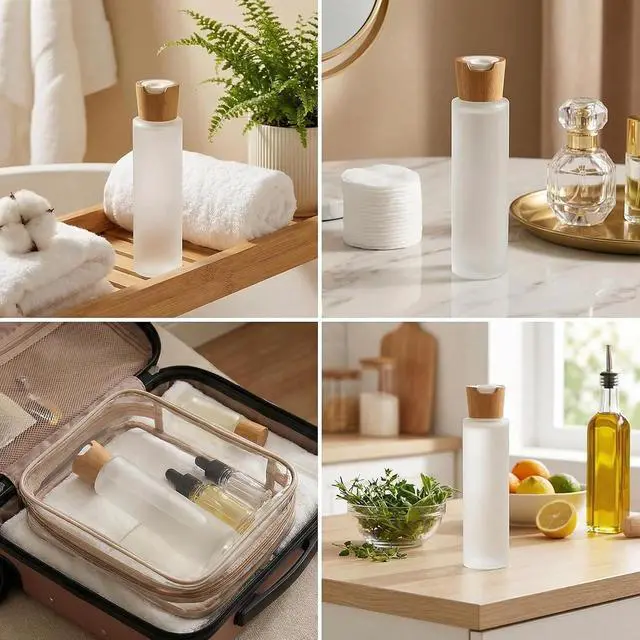Alt view image 6 of 7 - 100ml/3.4oz Upscale Empty Refillable Frosted Glass Bottles Portable Cosmetic Jar Container Holder with Bamboo Plastic Press Disk Top Cap for Lotion Essential Oil Essence Toner