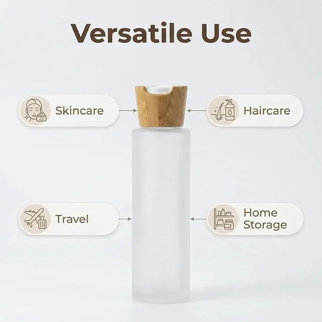 Alt view image 3 of 7 - 100ml/3.4oz Upscale Empty Refillable Frosted Glass Bottles Portable Cosmetic Jar Container Holder with Bamboo Plastic Press Disk Top Cap for Lotion Essential Oil Essence Toner
