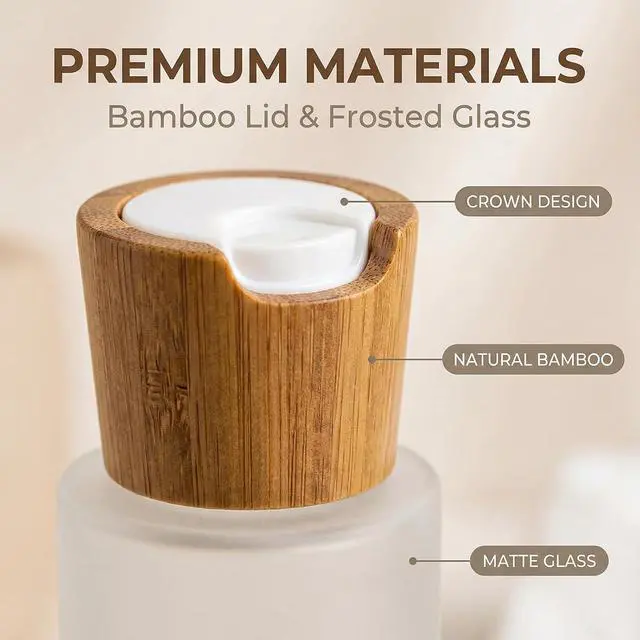 Alt view image 5 of 7 - 100ml/3.4oz Upscale Empty Refillable Frosted Glass Bottles Portable Cosmetic Jar Container Holder with Bamboo Plastic Press Disk Top Cap for Lotion Essential Oil Essence Toner