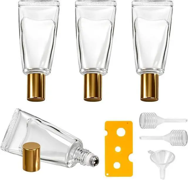 Main image of 4Pack Essential Oil Roller Bottles, 10ml Refillable Leak-proof Empty Tube-Shaped Glass Roller Bottles with Stainless Steel Roller Balls and Gold Caps for Travel, Perfume, Aromatherapy