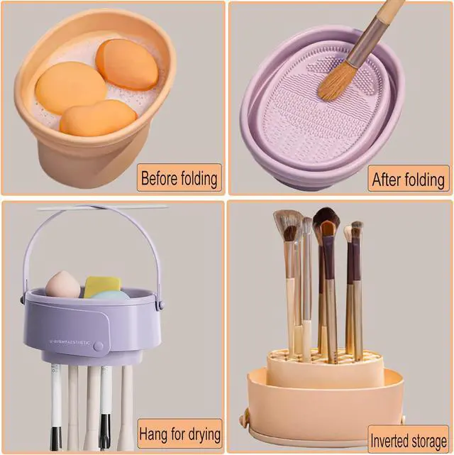 Alt view image 2 of 7 - Makeup Brush Cleaner Mat,3 in 1 Upgraded Foldable Silicone Makeup Brush Cleaner Cosmetic Brush Cleaner Makeup Brush Scrubber Bowl for Cleaning, Organizer And Upside Down Drying(Foldable Khaki)