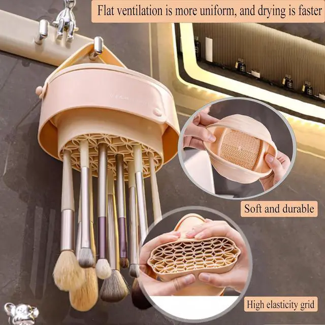 Alt view image 3 of 7 - Makeup Brush Cleaner Mat,3 in 1 Upgraded Foldable Silicone Makeup Brush Cleaner Cosmetic Brush Cleaner Makeup Brush Scrubber Bowl for Cleaning, Organizer And Upside Down Drying(Foldable Khaki)