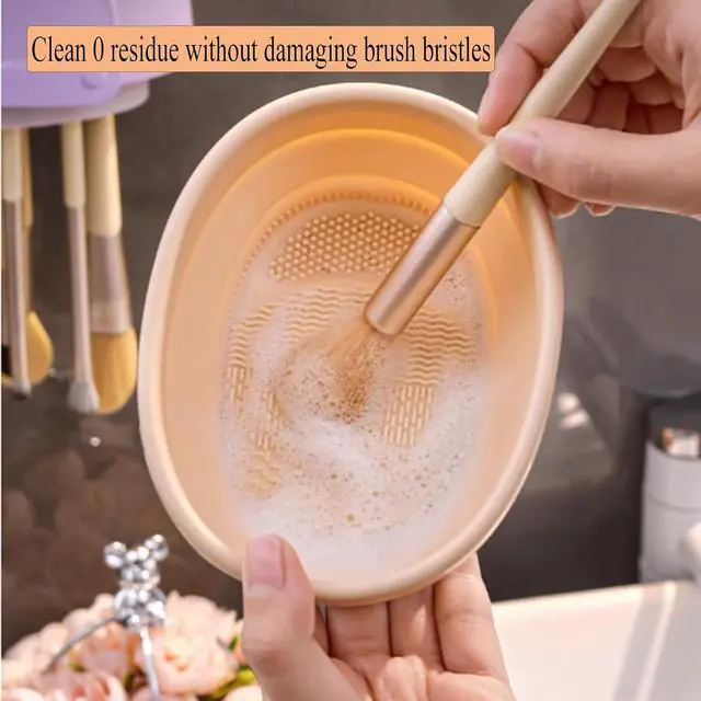 Alt view image 6 of 7 - Makeup Brush Cleaner Mat,3 in 1 Upgraded Foldable Silicone Makeup Brush Cleaner Cosmetic Brush Cleaner Makeup Brush Scrubber Bowl for Cleaning, Organizer And Upside Down Drying(Foldable Khaki)