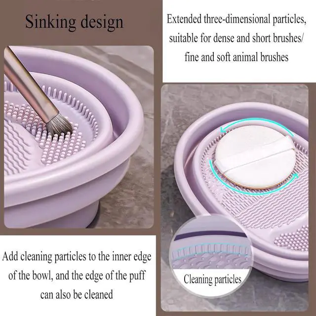 Alt view image 7 of 7 - Makeup Brush Cleaner Mat,3 in 1 Upgraded Foldable Silicone Makeup Brush Cleaner Cosmetic Brush Cleaner Makeup Brush Scrubber Bowl for Cleaning, Organizer And Upside Down Drying(Foldable Khaki)
