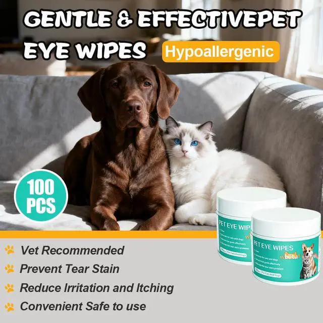 Alt view image 2 of 7 - Pet Eye Cleaning Wipes for Dogs & Cats, 100 Count | Tear Stain Cleaning Pads with Aloe Vera & Chamomile, Gentle Formula, Lick-Safe, No-Rinse,Gentle Eye Wipes